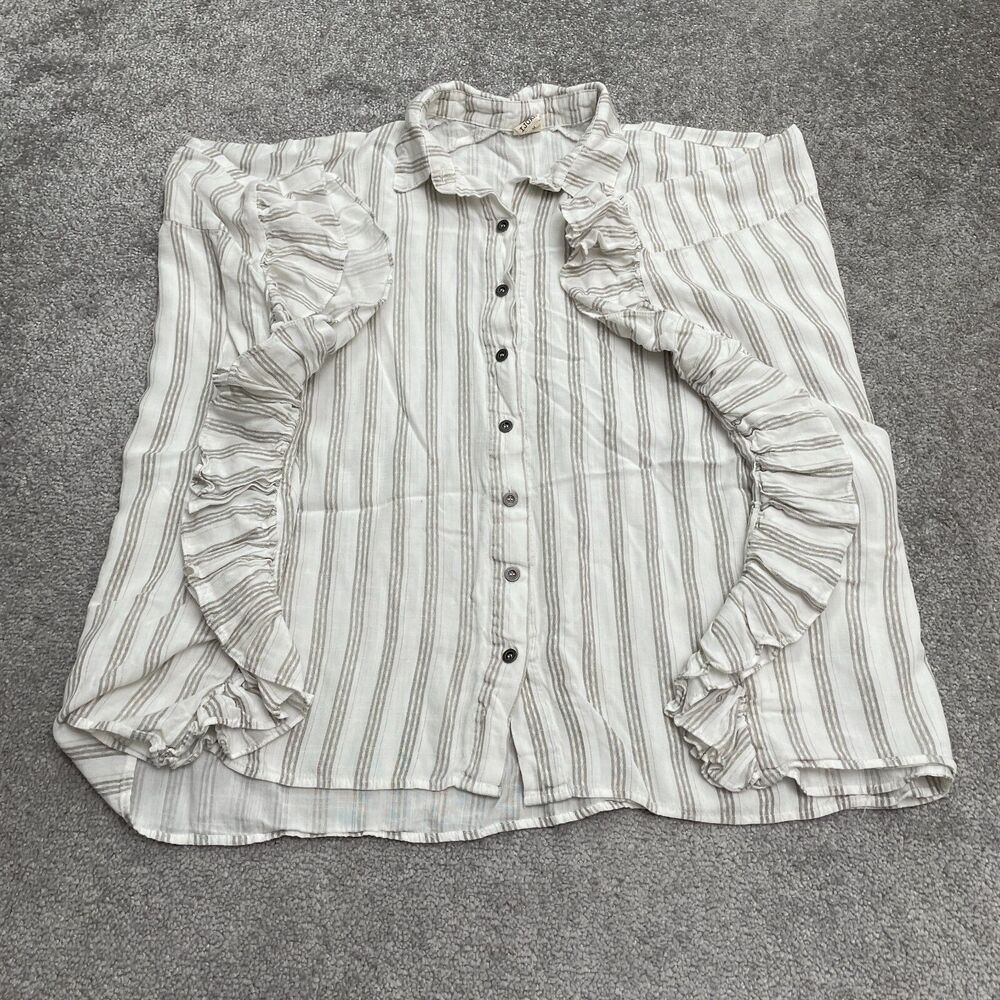 Ijoah Ruffles Button Down Shirt Womens Medium White Striped Sleeveless Rayon Top